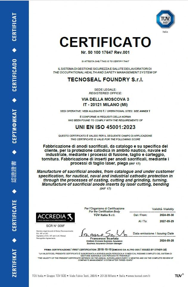 Tecnoseal Foundry srl Certificazione ISO 45001